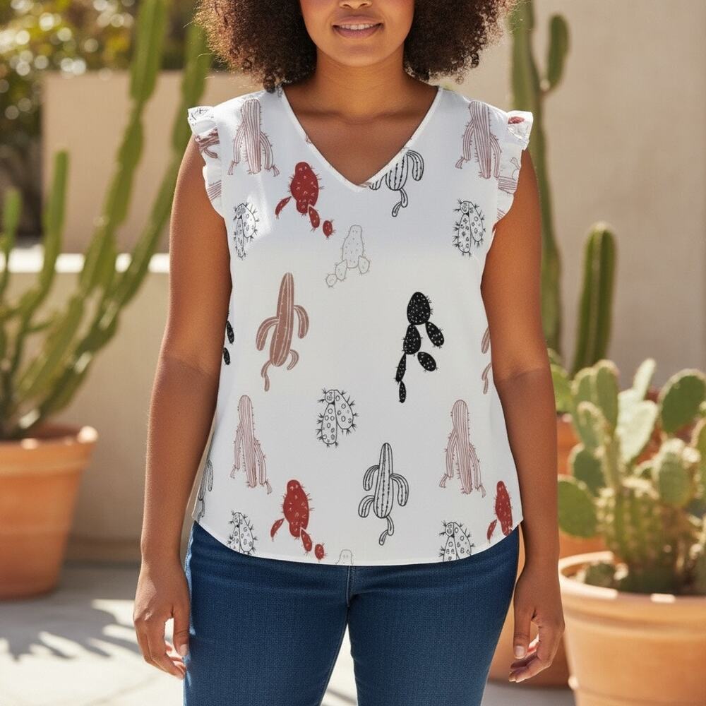 SHEIN Curve White Cactus Print Ruffle Sleeve Flowy V-Neck Top sz 1XL